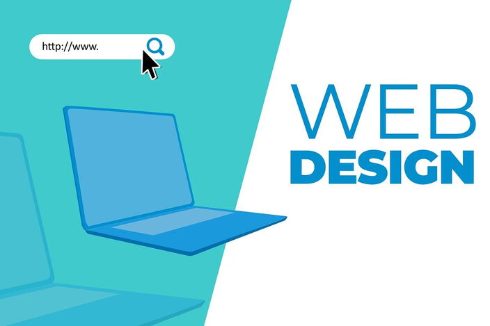 Grafik, links mit grünem Hintergrund und Laptop-Abbildung, rechte Seite weiß mit blauer Schrift Web Design