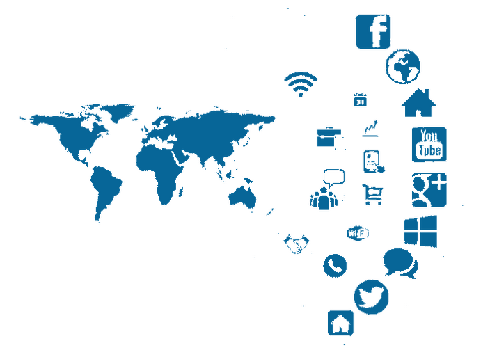 Weltkarte links, rechts daneben die Logos von Social Media Plattformen