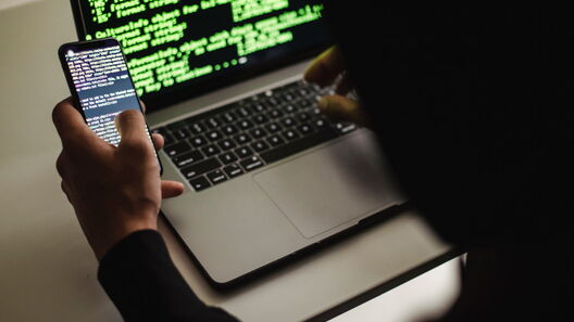 Ein Laptop und Smartphone in der linken Hand eines Webdesigners, der den Quellcode einer Website zeigt.