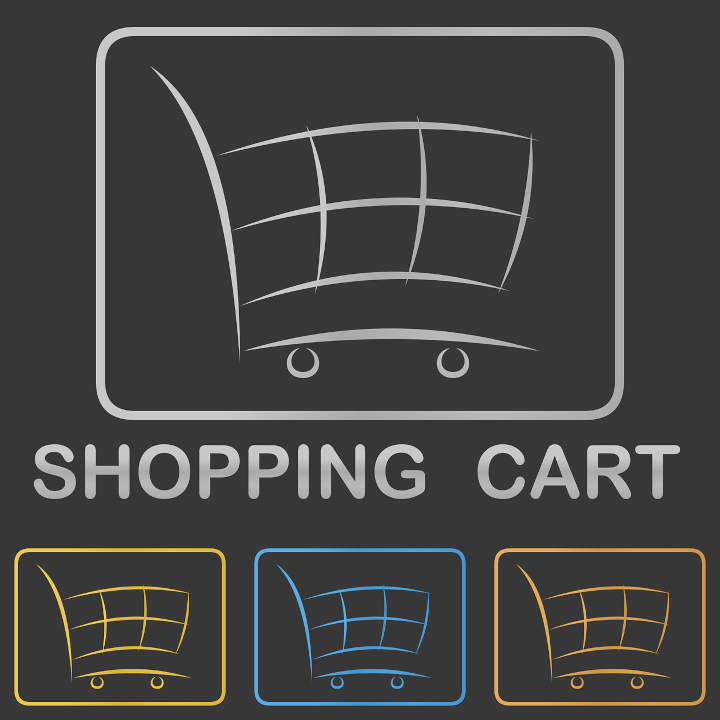 Oben ein Einkaufswagen in viereckigem Rahmen, darunter steht Shopping Cart und darunter sind 3 kleinere Einkaufswagen in gelb, blau und orange