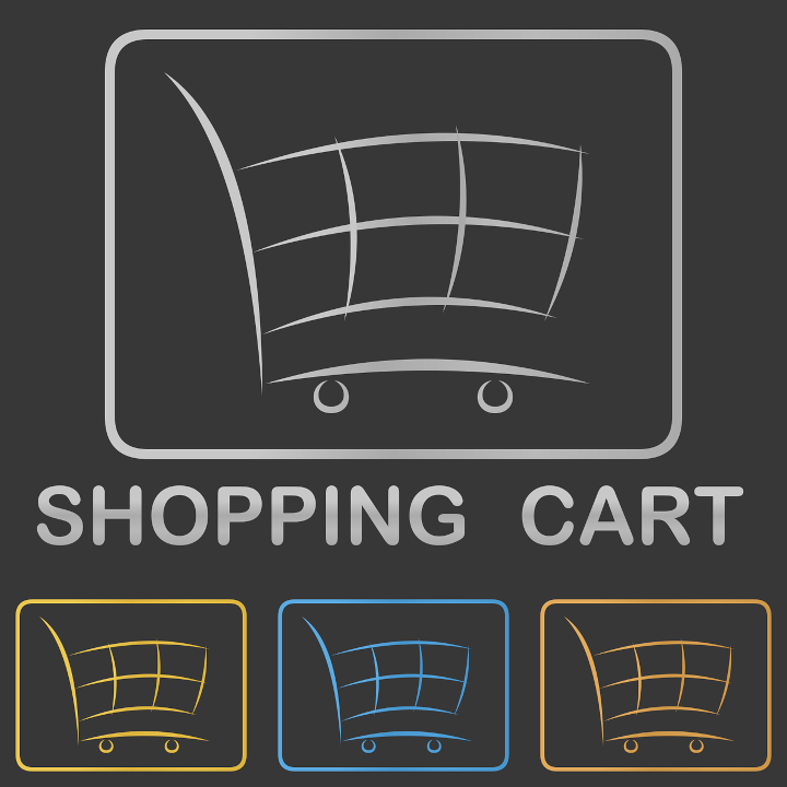 Shopping Cart Oben ein Einkaufswagen in viereckigem Rahmen, darunter steht Shopping Cart und darunter sind 3 kleinere Einkaufswagen in gelb, blau und orange