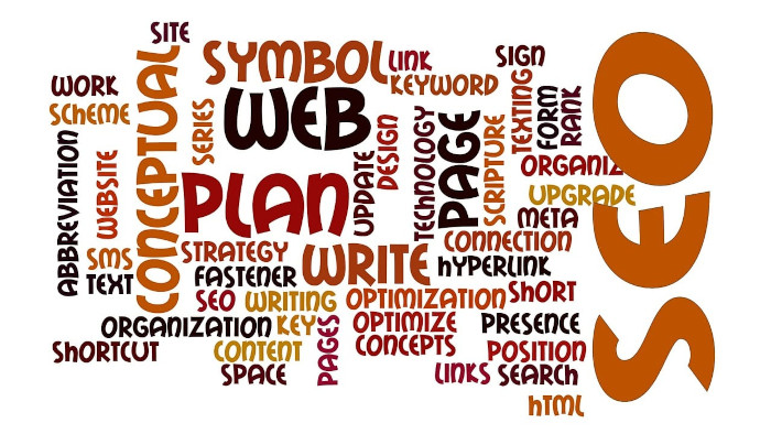 Viele Wörter in Brauntönen auf weißem Hintergrund wie SEO, Plan, Web Symbol, Organization etc.