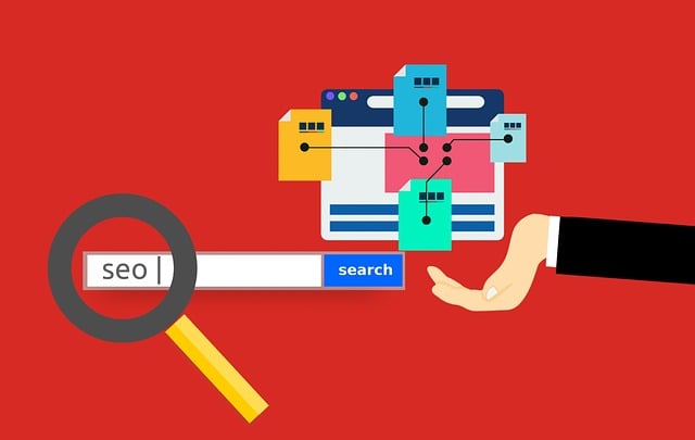 Darstellung der Seitenstruktur auf rotem Hintergrund mit Browser-Suchleiste in der das Wort SEO in einer Lupe zu sehen ist.