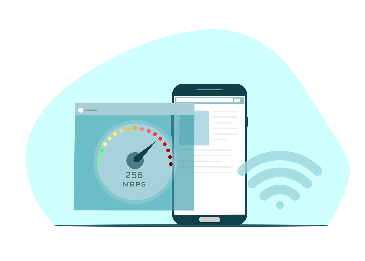 Technische SEO Beratung, Tachometeranzeige auf Bildschirm mit 256 MBPS und rechts daneben ein Smartphone.